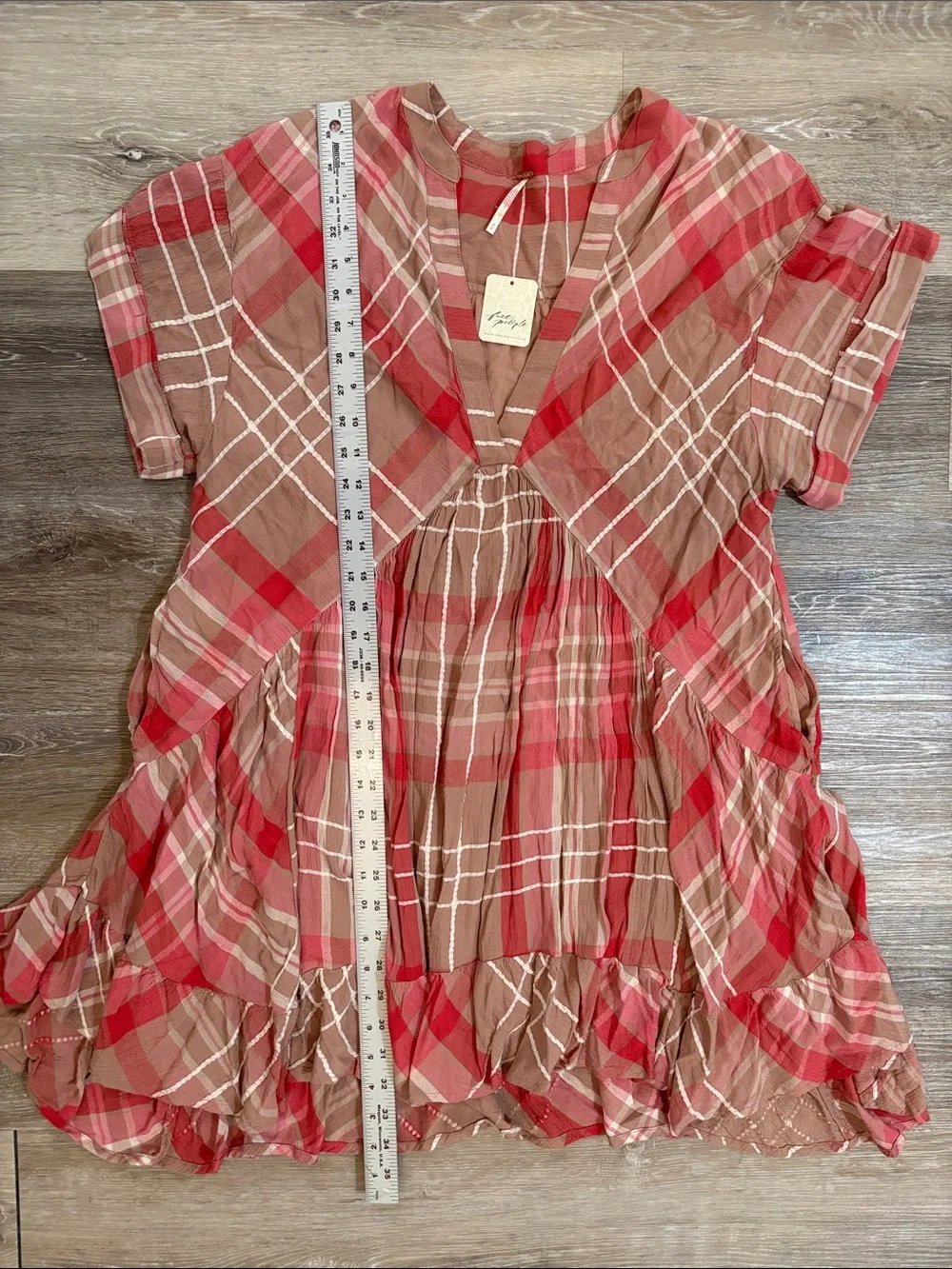 NWT Free People Plaid Split V-Neck MiniDress Ballet Combo w/Pockets Billowy